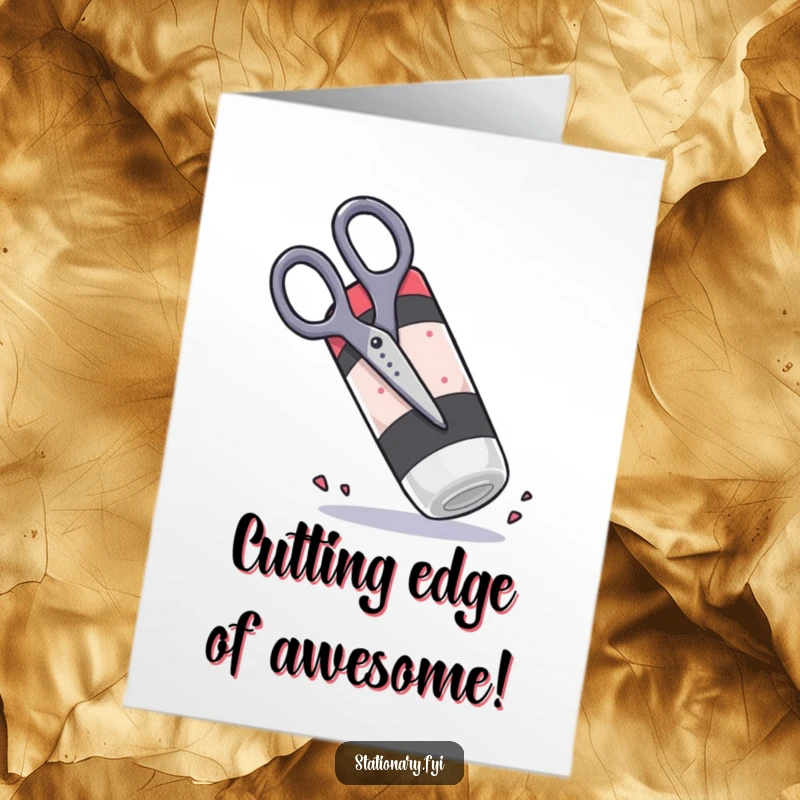 Funny Free Printable Congratulations Card: Scissors comically attempting to chop a giant, rubbery eraser in a playful battle.