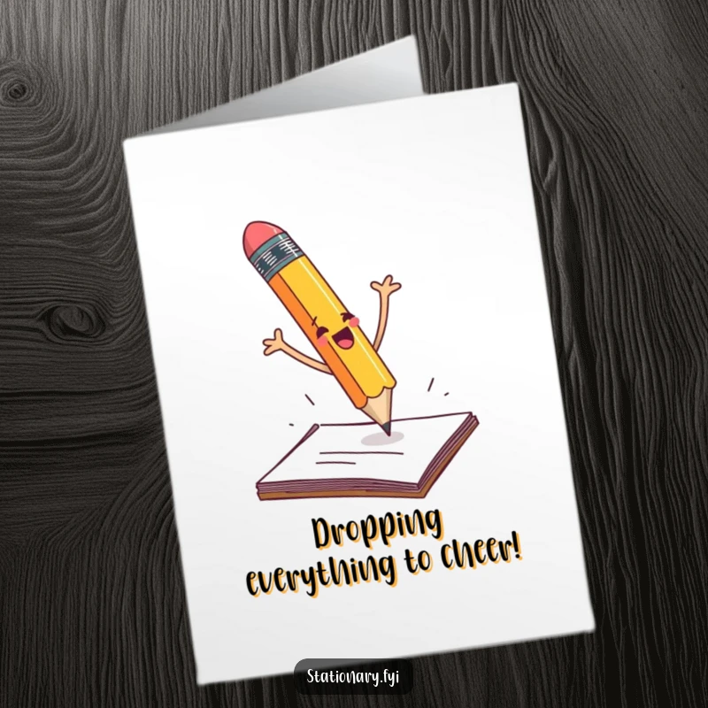 Funny Free Printable Congratulations Card: A pencil dramatically falling off a desk with a look of shock and flailing arms.