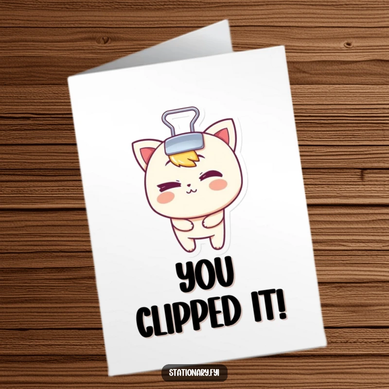 Funny Free Printable Binder Clip Congratulations Card: Mischievous character winking, celebrating an achievement.