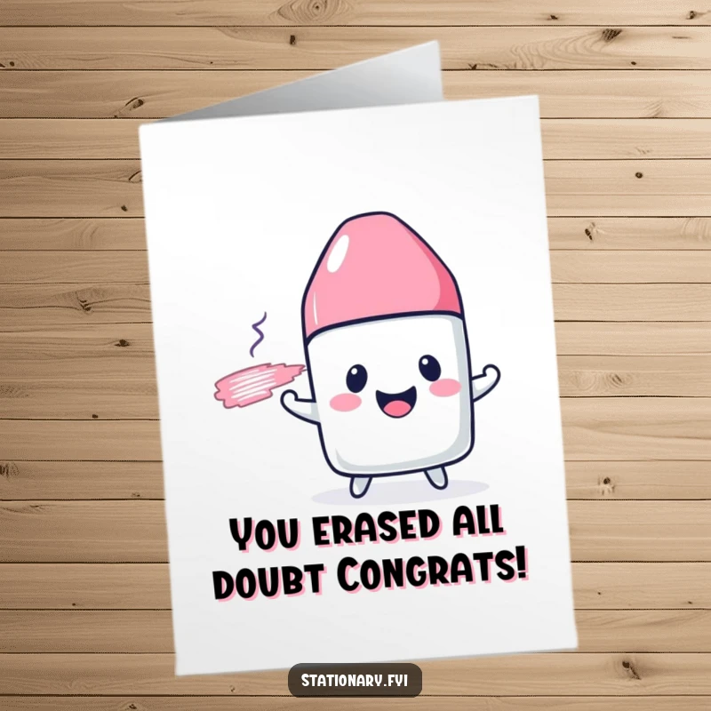 Funny Free Printable Congratulations Card showing a cheerful eraser character humorously smudging a line, celebrating success.