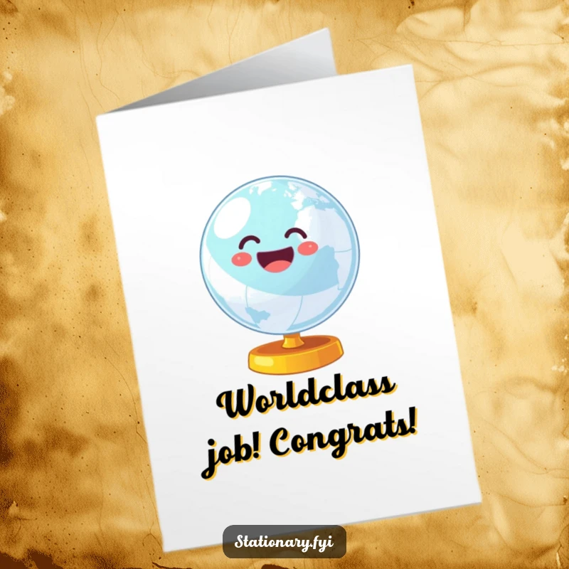Funny Free Printable Congratulations Card showing a wobbly globe spinning with vibrant energy, symbolizing worldwide congratulations.