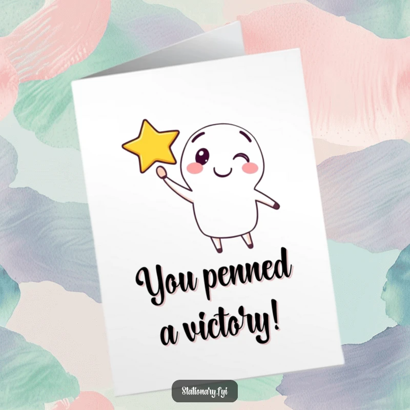Funny Free Printable Pen Congratulations Card: Happy character drawing a smiling star, celebrating a win.