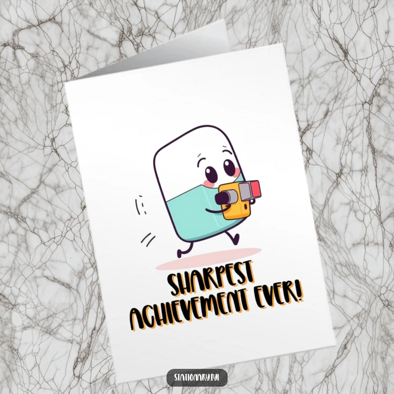 Funny Free Printable Congratulations Card: An expressive eraser comically fleeing from a tiny, determined pencil sharpener.