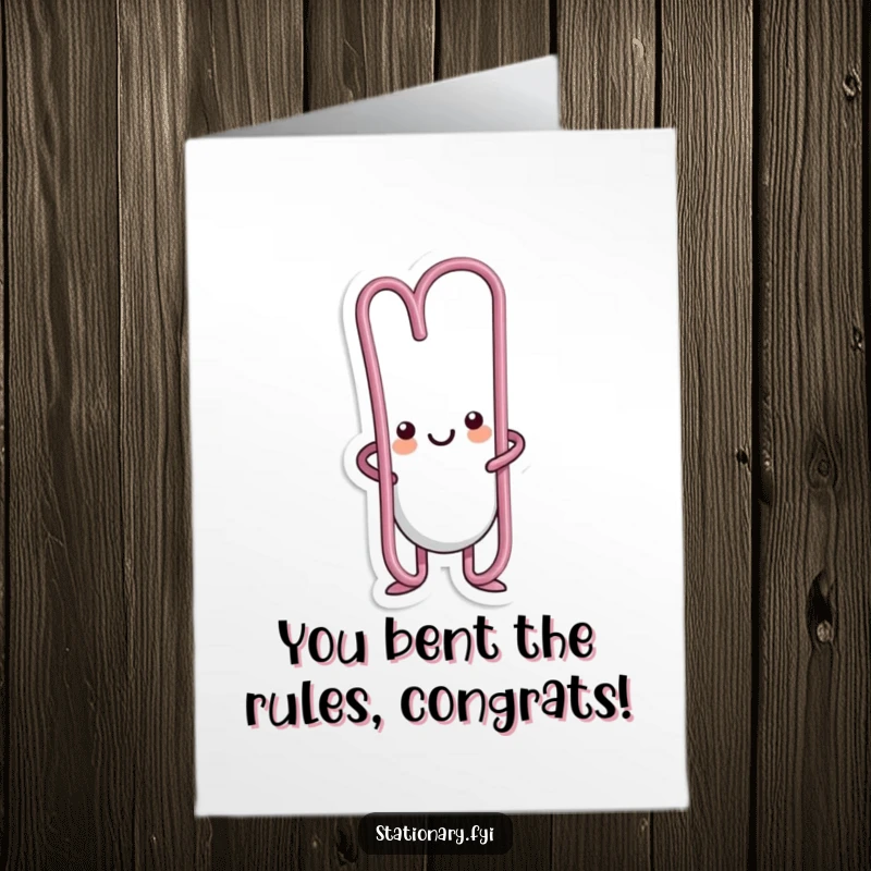 Funny Free Printable Congratulations Card: A kawaii paperclip character bending joyfully to celebrate achievements, a unique DIY gift.
