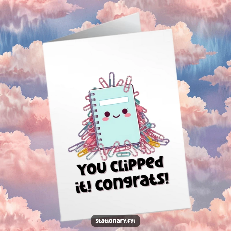 Funny free printable congratulations card: Small notebook emerges from a huge pile of paperclips, symbolizing overcoming challenges.