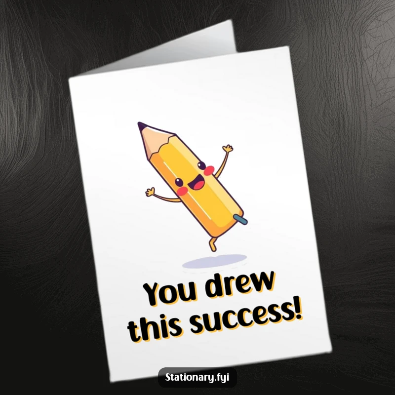 Free Printable Congratulations Card: A happy pencil cartwheeling with glee, celebrating your success.