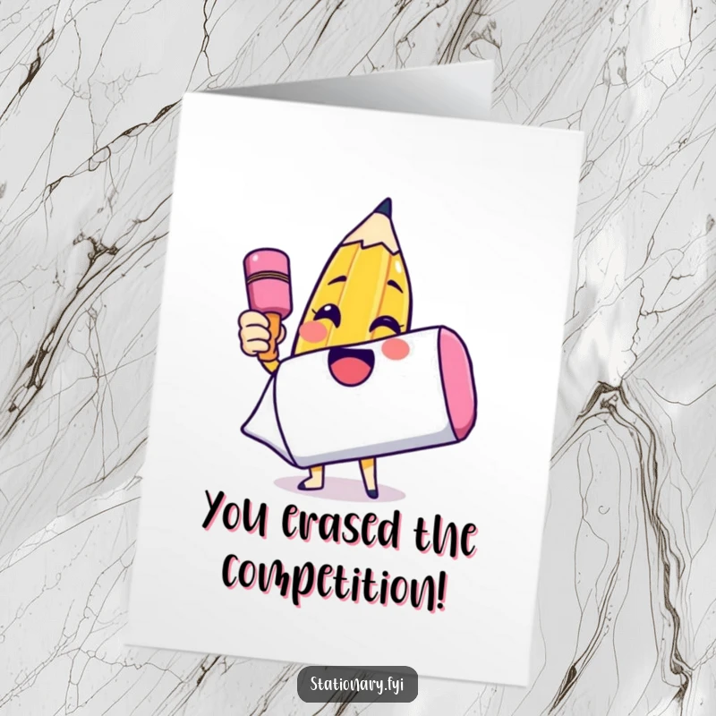 Funny Free Printable Congratulations Card: A cheerful pencil character draws a smiley face on a comically large eraser.