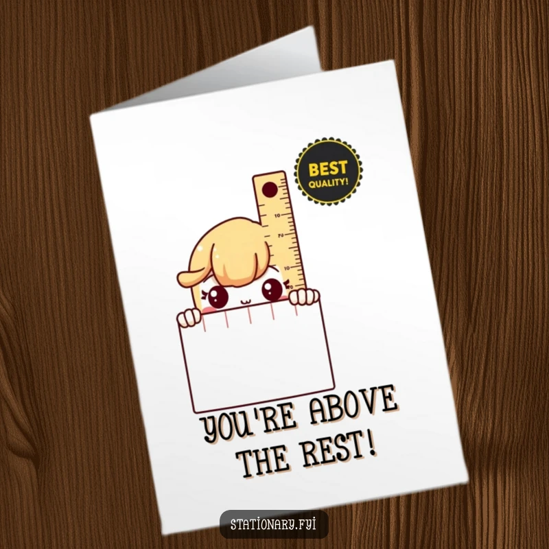 Free Printable Congratulations Card: A shy ruler peeking from behind a notebook, offering congratulations.