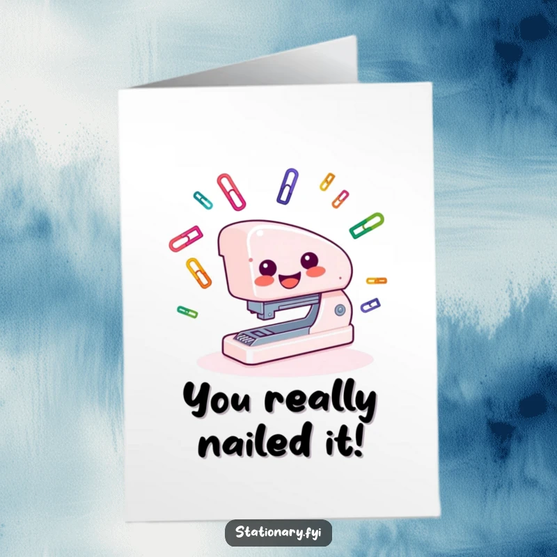 Free Printable Congratulations Card: A smiling stapler skillfully juggling colorful paper clips, celebrating success.