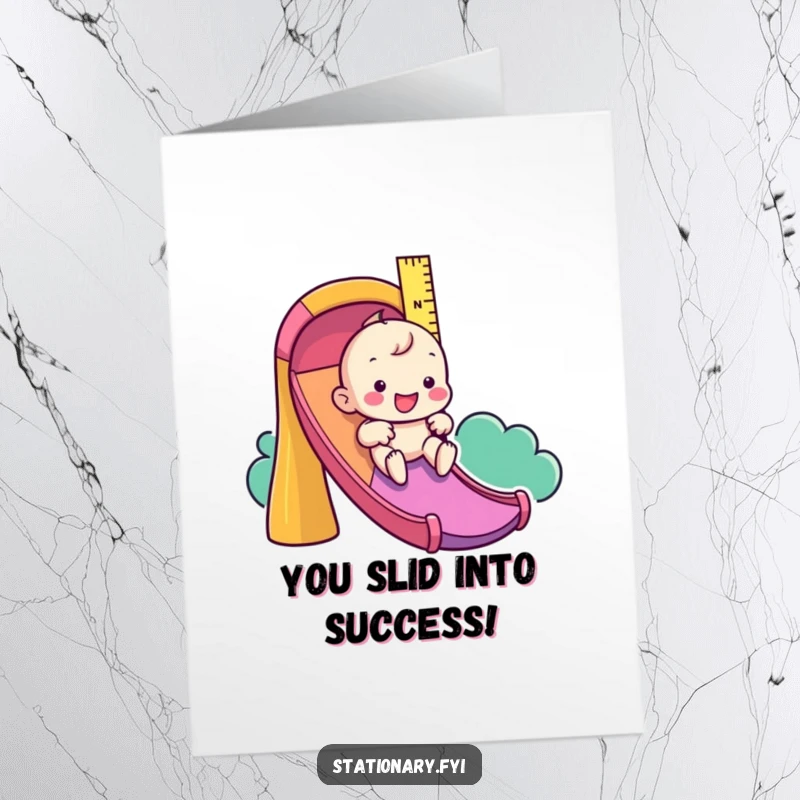 Funny Free Printable Ruler Congratulations Card: Playful character on a colorful slide, celebrating a win.