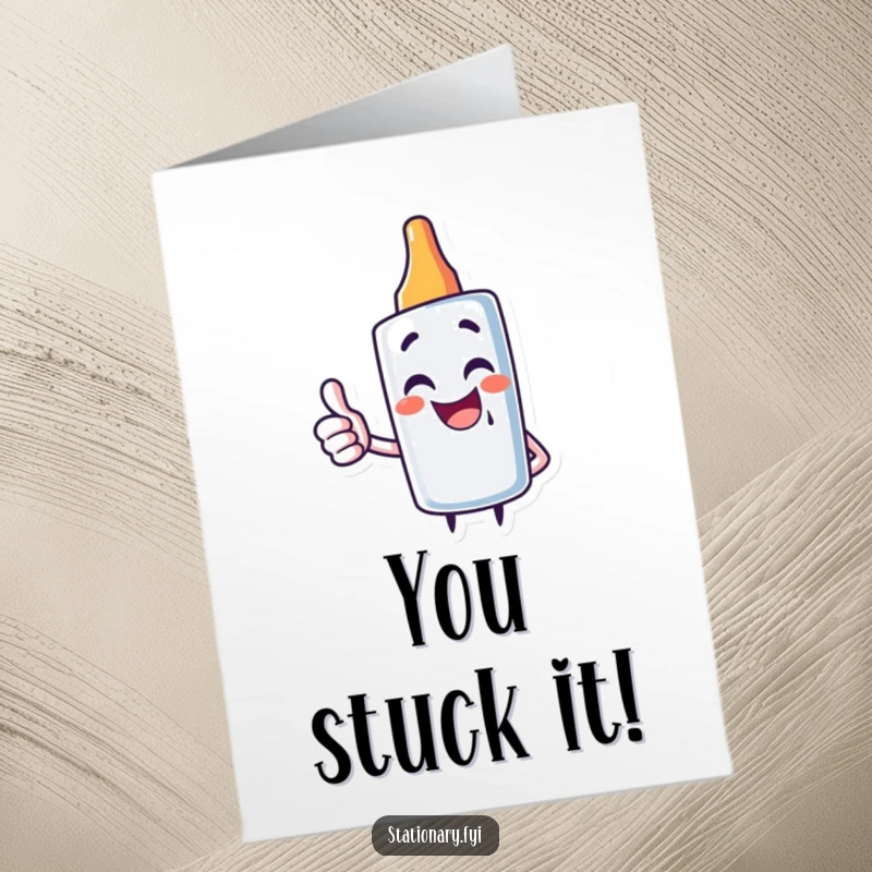 Funny Free Printable Glue Stick Congratulations Card: Giggling character giving a thumbs up, celebrating achievement.