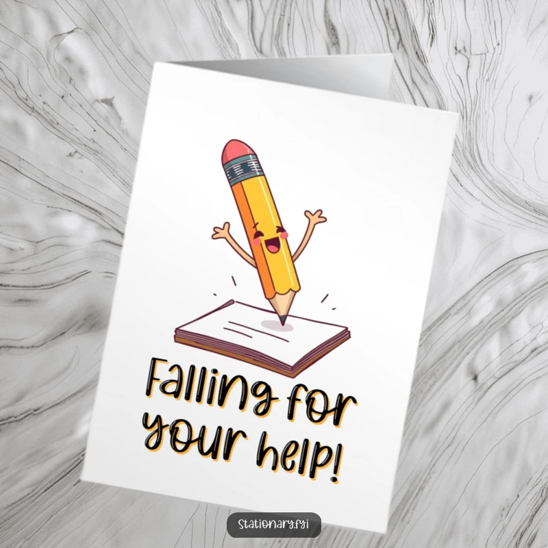 Funny Free Printable Thank You Card: A pencil dramatically falling off a desk, arms flailing in a comedic way.