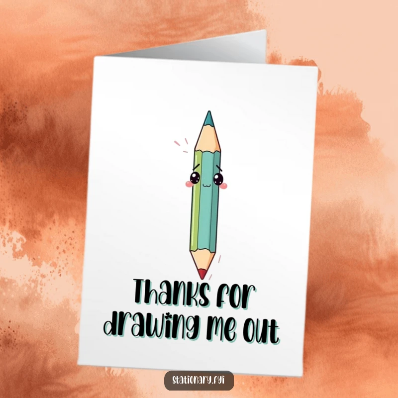 Funny free printable thank you card: a puzzled pencil draws itself, a witty downloadable gift for appreciative moments.