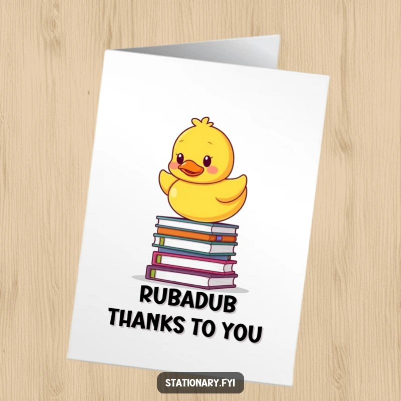 Funny Free Printable Thank You Card: A rubber ducky humorously balances on a stack of books, saying thanks.