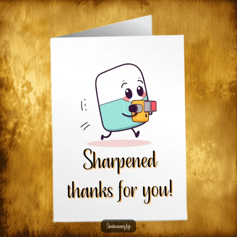 Funny Free Printable Thank You Card: An expressive eraser comically running from a tiny, determined pencil sharpener.