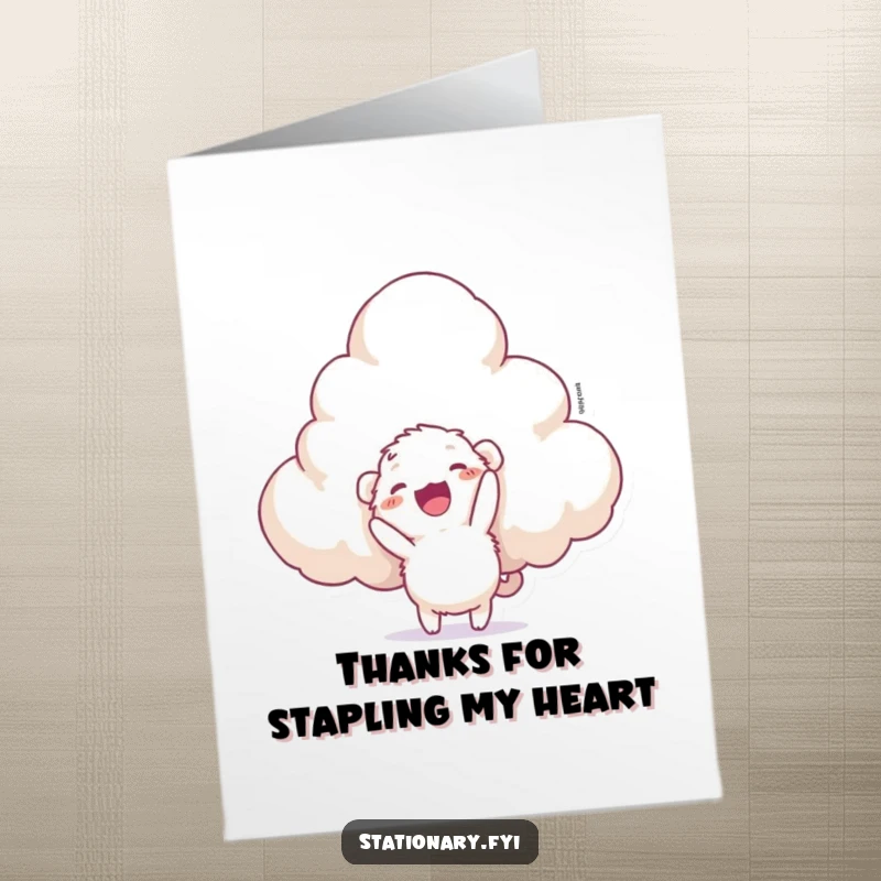 Funny Free Printable Thank You Card: A fuzzy creature comically tries to staple a giant cloud, expressing unique gratitude.