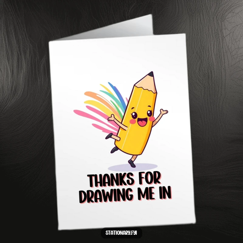 Free Printable Pencil Thank You Card: Playful pencil character cartwheeling, leaving a colorful streak to say thanks.