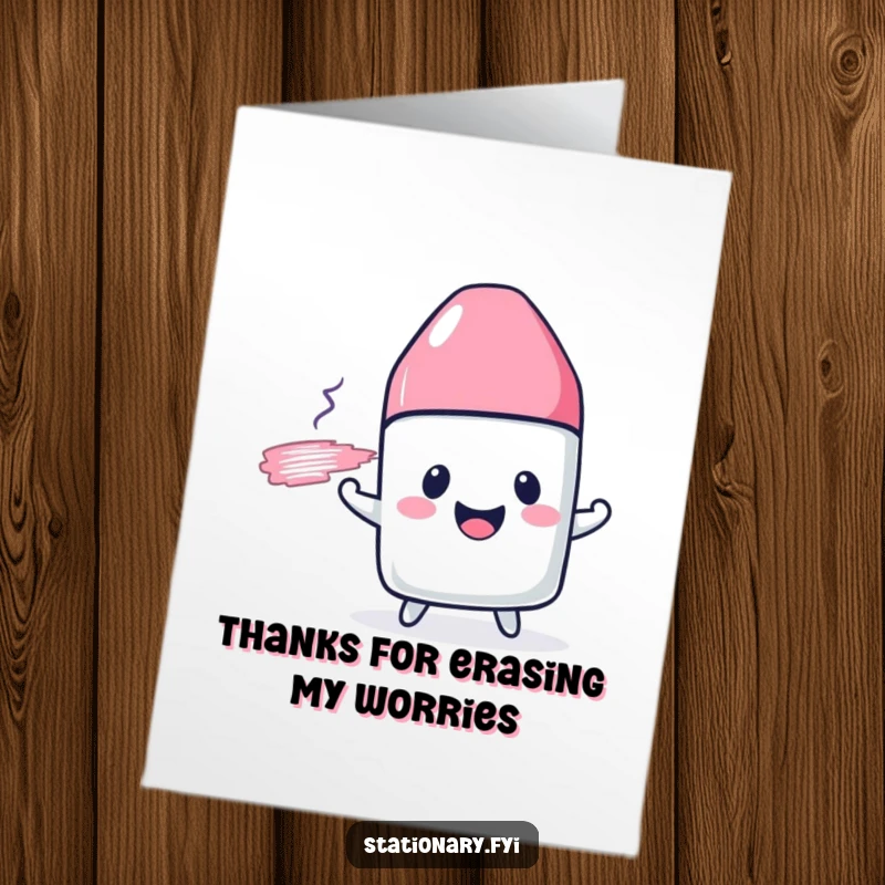 Funny Free Printable Thank You Card with a cheerful eraser character smudging a line, conveying unique gratitude.