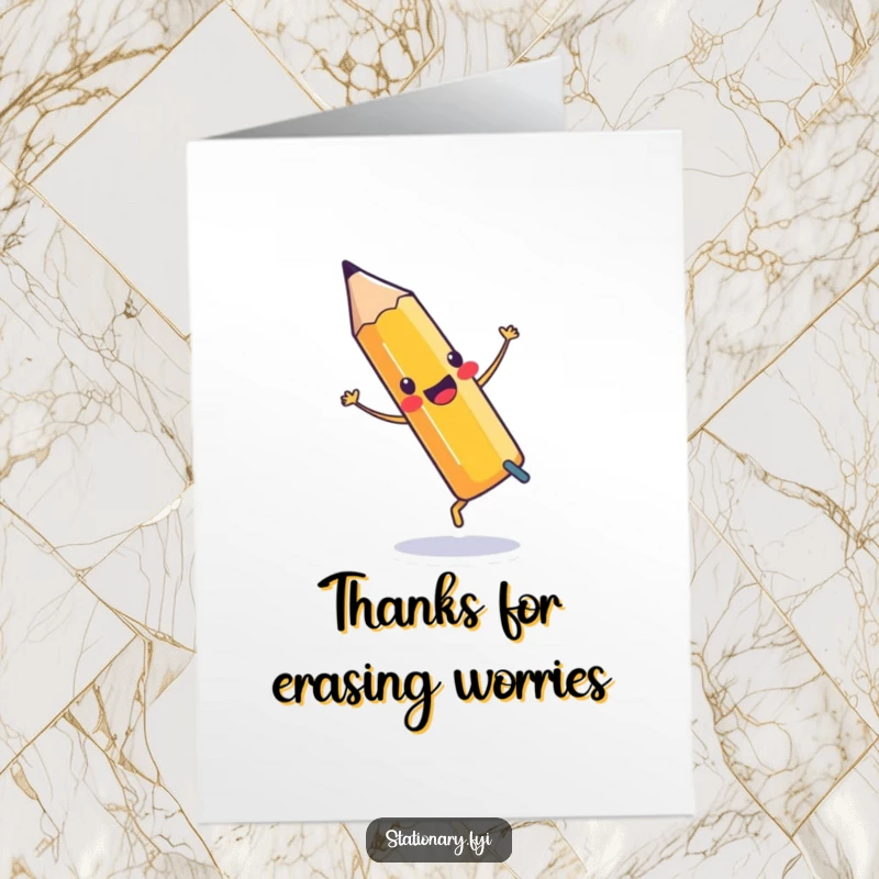 Funny Free Printable Thank You Card: A pencil joyfully cartwheeling with an eraser, expressing thanks.