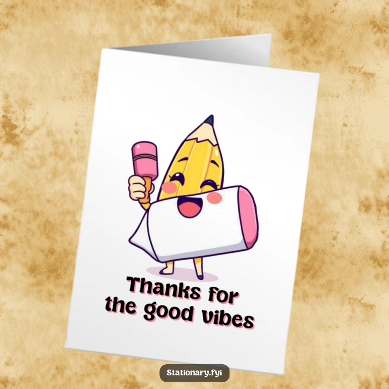 Funny Free Printable Thank You Card: A happy pencil enthusiastically draws a smiley face on an extra-large eraser.