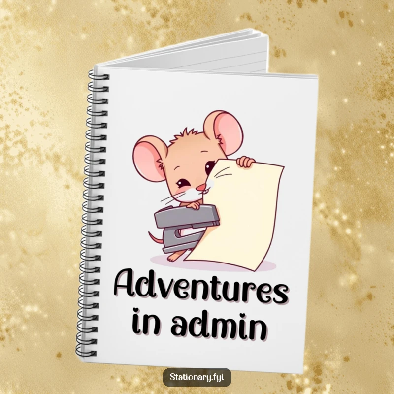 Funny notebook cover featuring a small mouse attempting to staple a giant piece of paper with a tiny stapler, ideal for ambitious notes.