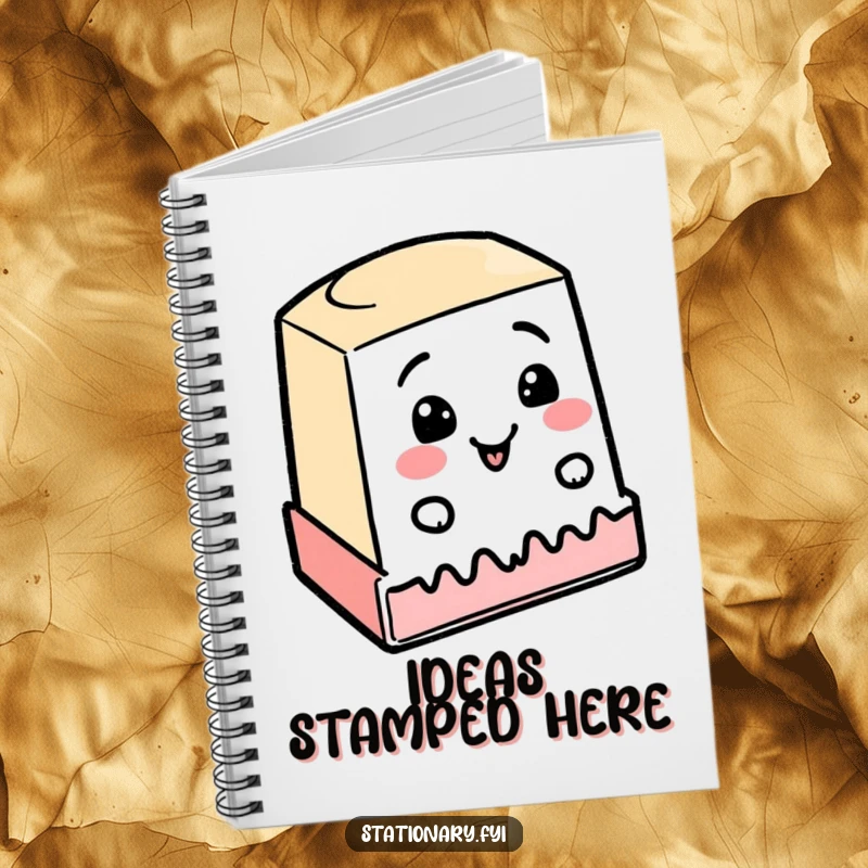 Funny notebook cover featuring a cheerful rubber stamp enthusiastically stamping a wobbly line, perfect for capturing enthusiastic thoughts.
