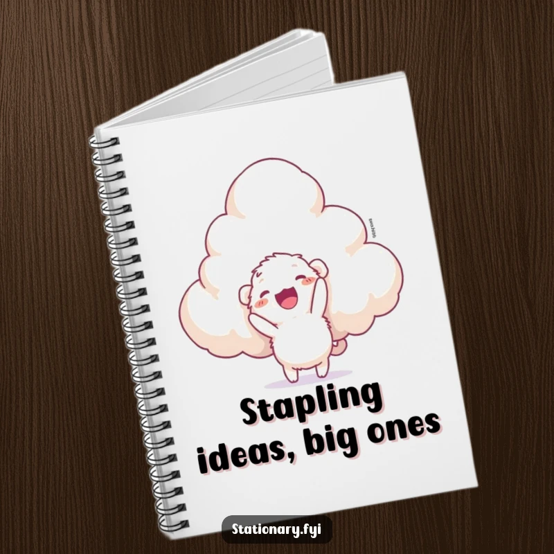 Funny notebook cover with a fuzzy creature trying to staple a huge cloud, inspiring creative and humorous note-taking.