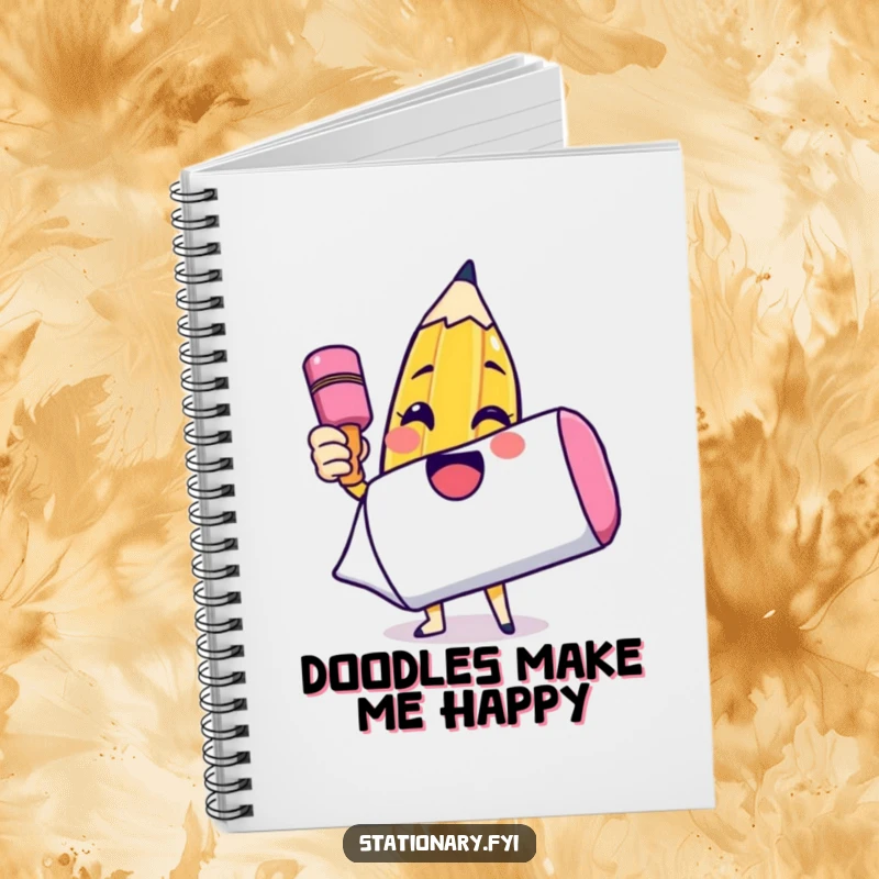 Funny notebook cover with a cheerful pencil character drawing a big smiley face on an oversized eraser, inspiring creative writing.