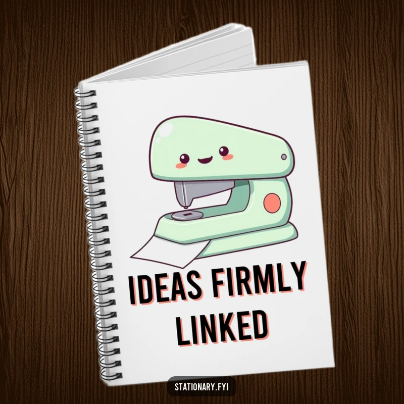 Funny Notebook with a delighted stapler rapidly fastening paper, perfect for capturing efficient notes with artistic humor and as a great gift.