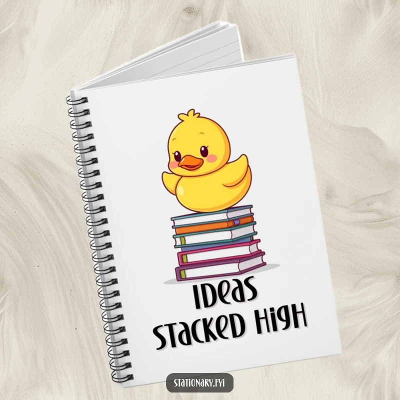Funny notebook cover with a rubber ducky precariously balanced on a stack of notebooks, inspiring humorous note-taking.