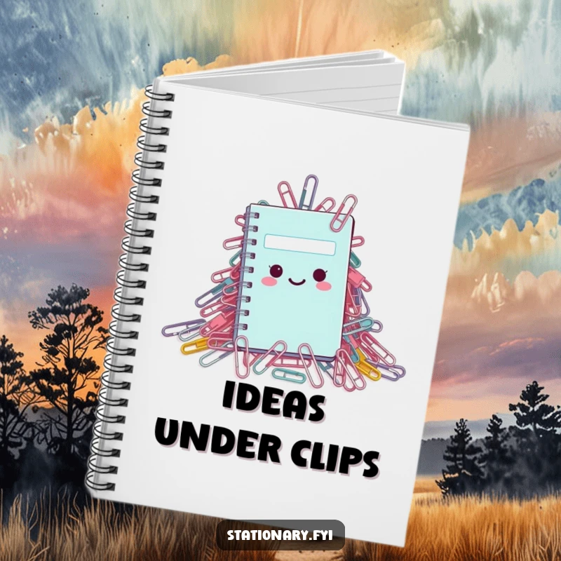 Funny Notebook: A tiny notebook peeking out from under a huge pile of paperclips, a humorous stationery item.