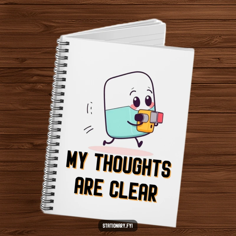 Funny expressive eraser being chased by a tiny determined pencil sharpener, a humorous notebook for jotting down ideas.