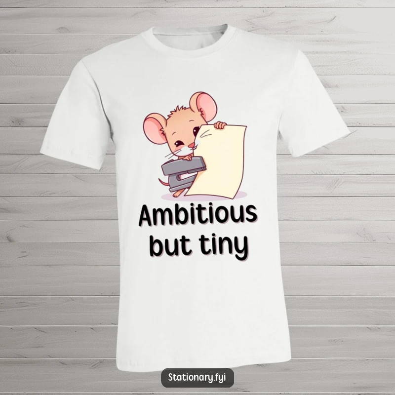 Funny t-shirt featuring a small mouse heroically attempting to staple massive paper with a miniature stapler, a symbol of funny effort.