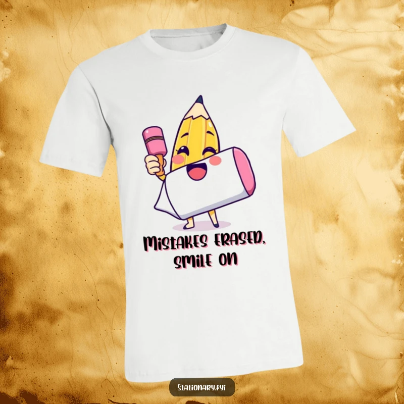 Funny t-shirt showing a happy pencil character enthusiastically drawing a smiley face on an oversized eraser, representing joy and art.