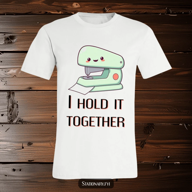 Funny T-Shirt of a delighted stapler rapidly fastening paper, embodying productivity and humor, a perfect gift.