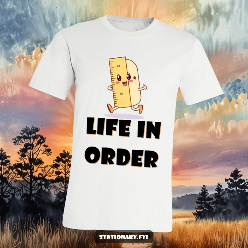 Funny t-shirt of a wobbly ruler character doing a jaunty walk, leaving a perfectly straight line.