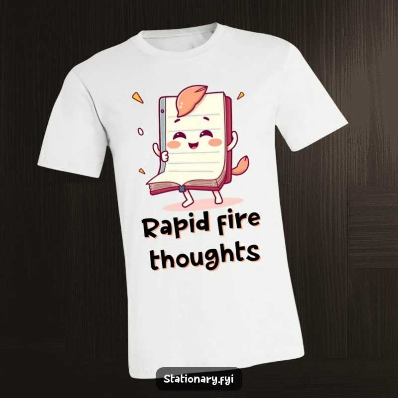 Funny t-shirt with a joyful notebook character depicted flipping its pages rapidly, highlighting a love for quick reading.