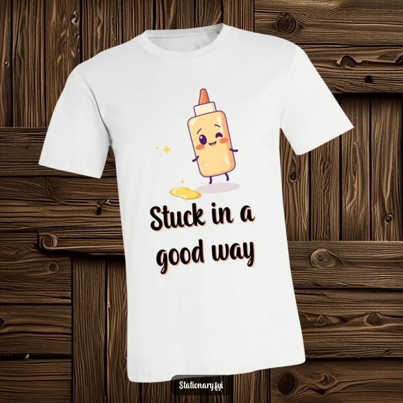 Funny glue stick t-shirt with a giggling glue stick character leaving a vibrant, sticky, and sparkling trail.