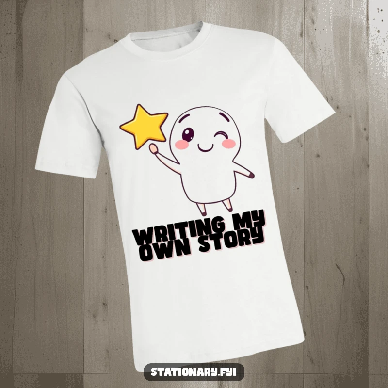 Funny t-shirt showcasing a happy pen character drawing a smiling star in the air, celebrating imagination.