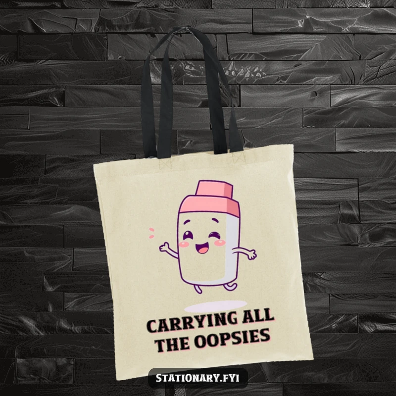 Funny tote bag depicting a giggling eraser character bouncing playfully, perfect for groceries or daily essentials, with a humorous stationery theme.