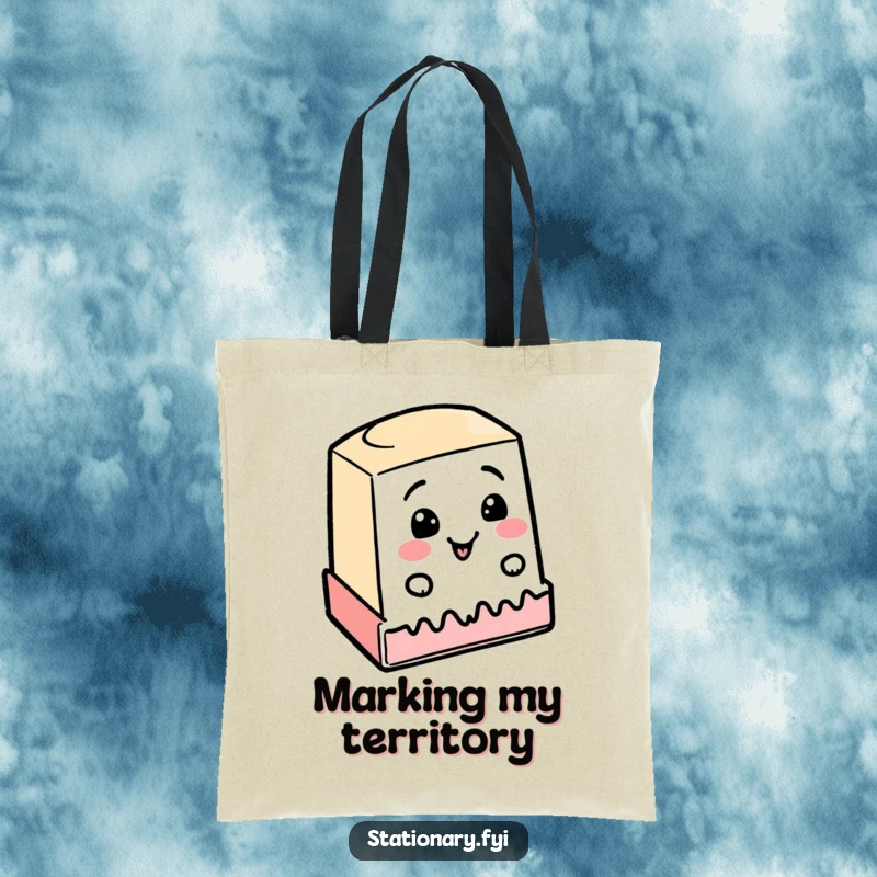 Funny tote bag featuring a happy rubber stamp enthusiastically stamping a wobbly line, a humorous and cheerful accessory.