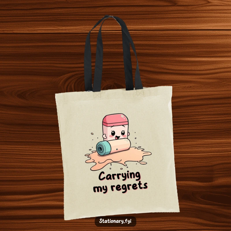 Funny tote bag featuring a frantic eraser rolling to clean a giant ink spill, a humorous and practical accessory for carrying essentials.