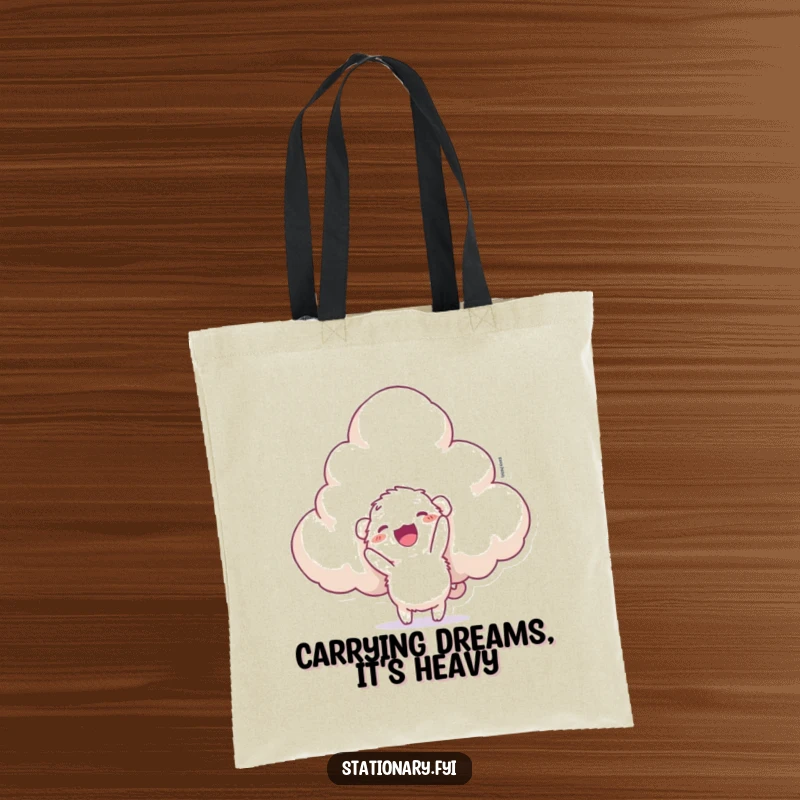 Funny tote bag featuring a small, fluffy creature with a determined grin attempting to staple a giant, airy cloud.