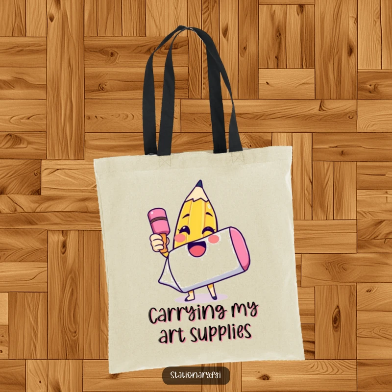 Funny tote bag featuring a cheerful pencil character drawing a big smiley face on a giant eraser, perfect for art lovers.