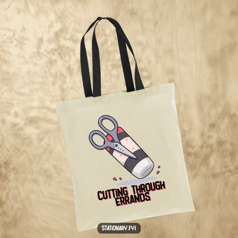 Funny scissors trying to cut a large rubbery eraser, a humorous tote bag for art supplies.