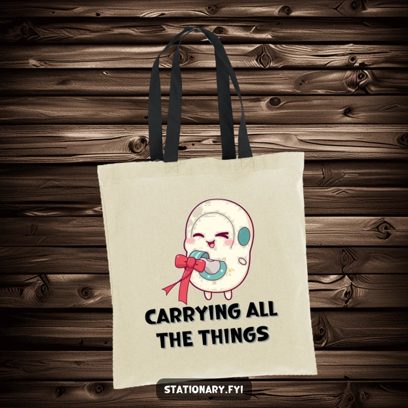 Funny tote bag featuring a winking tape dispenser character expertly dispensing a festive ribbon, perfect for stylish humor.