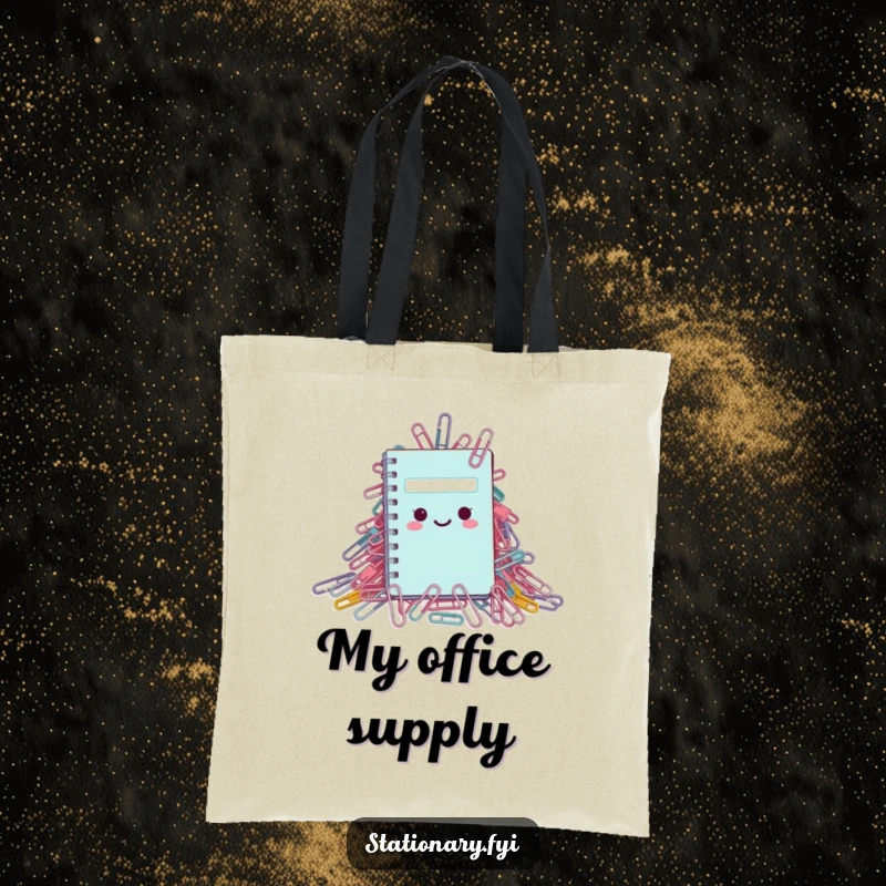 Funny Tote Bag: A small notebook trying to escape a mountain of paperclips, a humorous and relatable image.